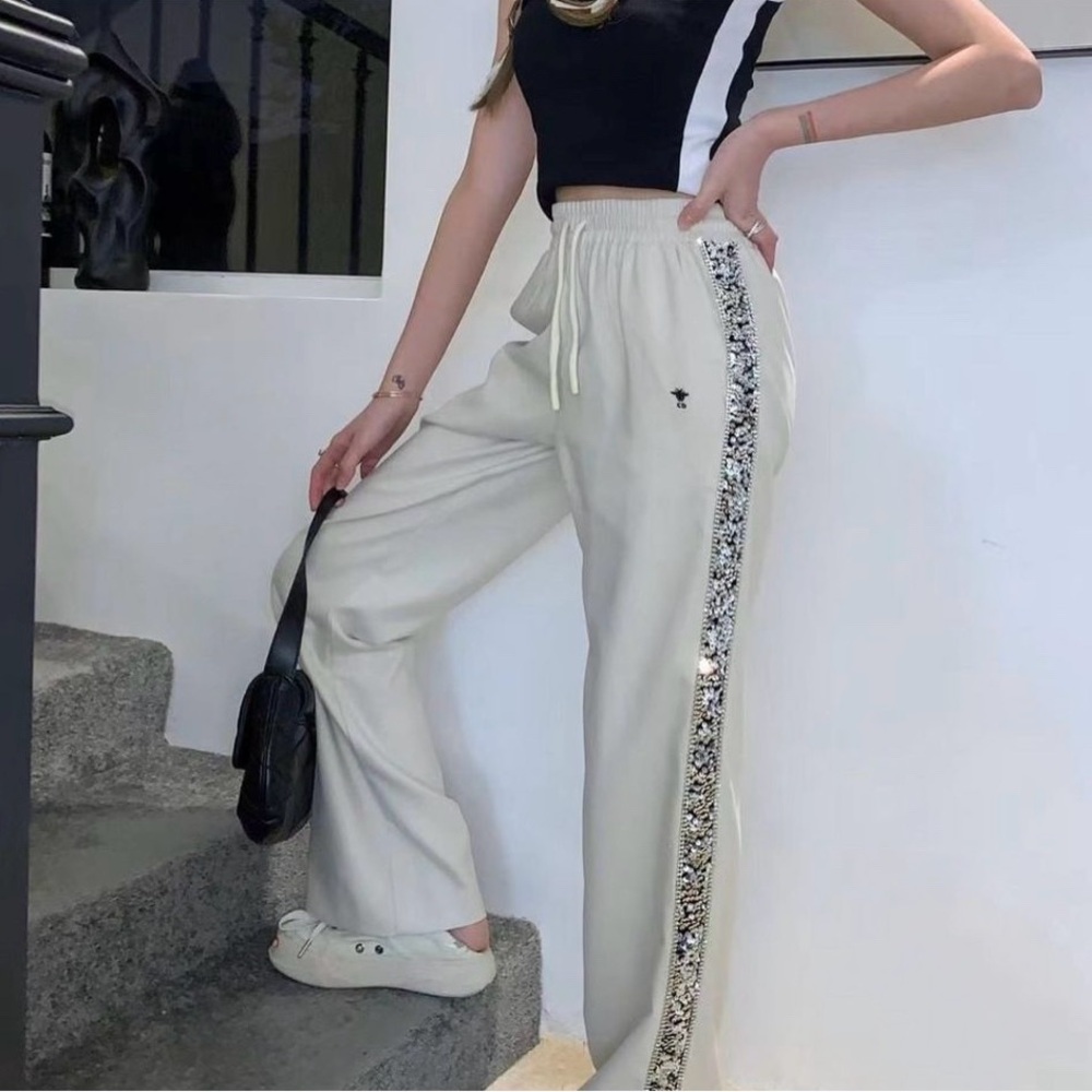 Stylish Cream Women's Pants with Sequin Detail